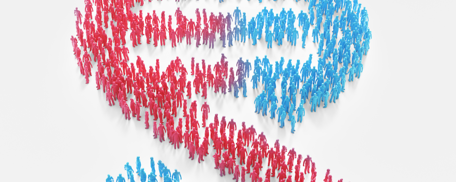 Tiny people forming a DNA helix symbol